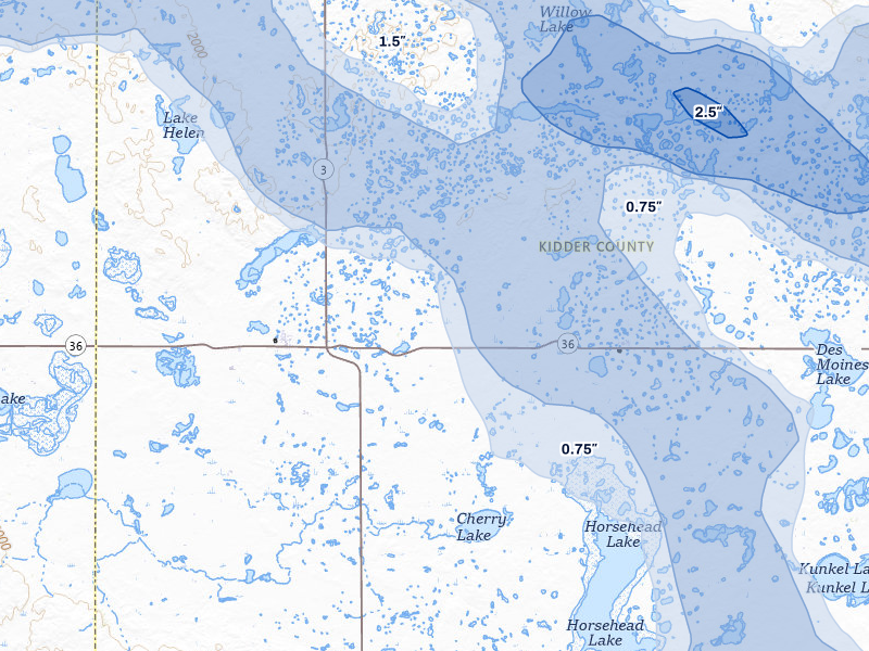 NEXRAD radar-signature map of the hail storm over Tuttle, ND on Jul 24, 2026