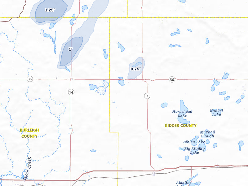 NEXRAD radar-signature map of the hail storm over Tuttle, ND on Jul 29, 2026