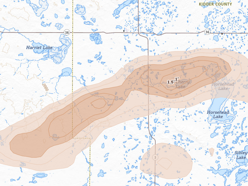 Radar-estimated hail-size map of the storm over Tuttle, ND on Aug 11, 2026
