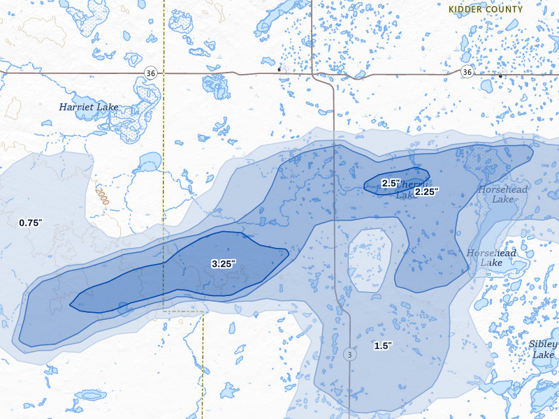 NEXRAD radar-signature map of the hail storm over Tuttle, ND on Aug 11, 2026