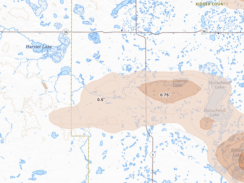 Radar-estimated hail-size map of the storm over Tuttle, ND on Aug 24, 2026