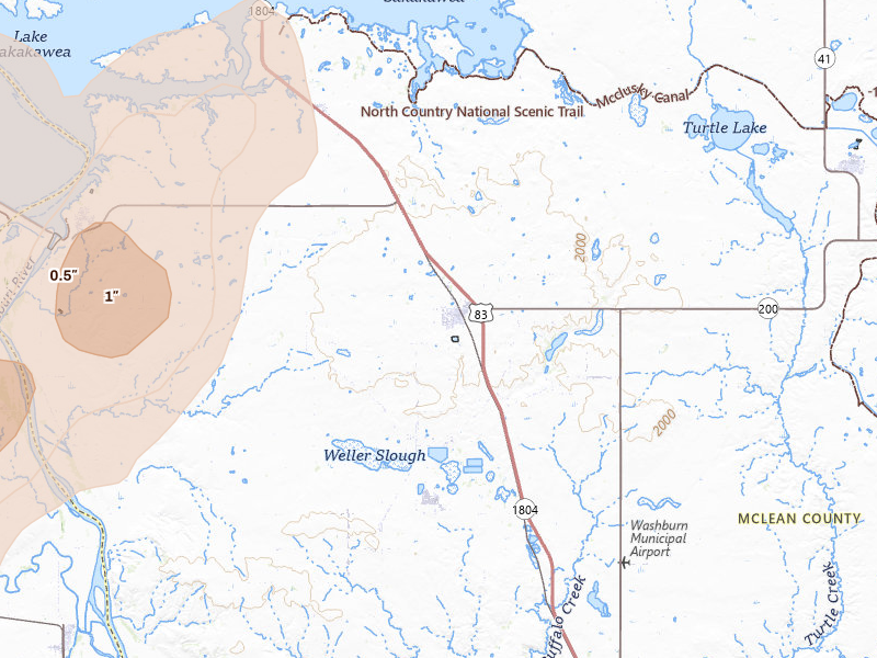 Radar-estimated hail-size map of the storm over Underwood, ND on Jun 9, 2026