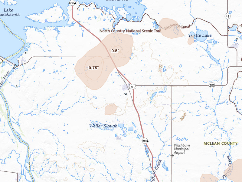 Radar-estimated hail-size map of the storm over Underwood, ND on Jul 29, 2026