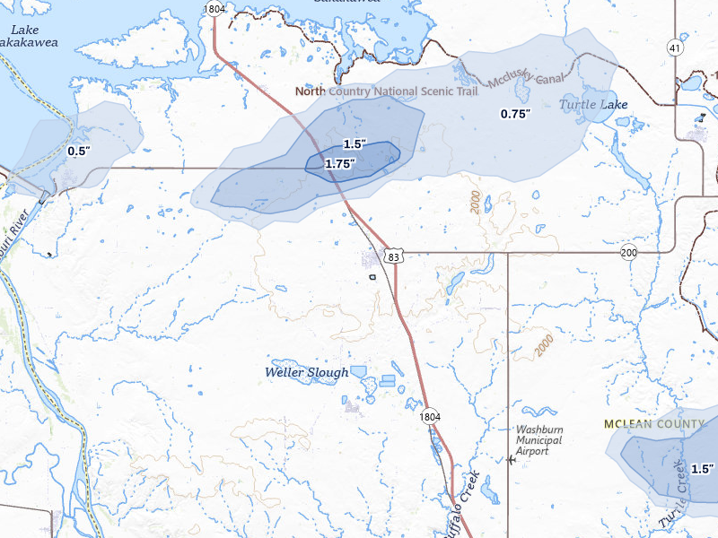 NEXRAD radar-signature map of the hail storm over Underwood, ND on Jul 29, 2026