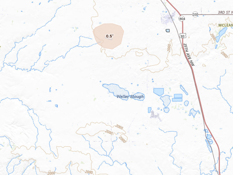 Radar-estimated hail-size map of the storm over Underwood, ND on Sep 27, 2026