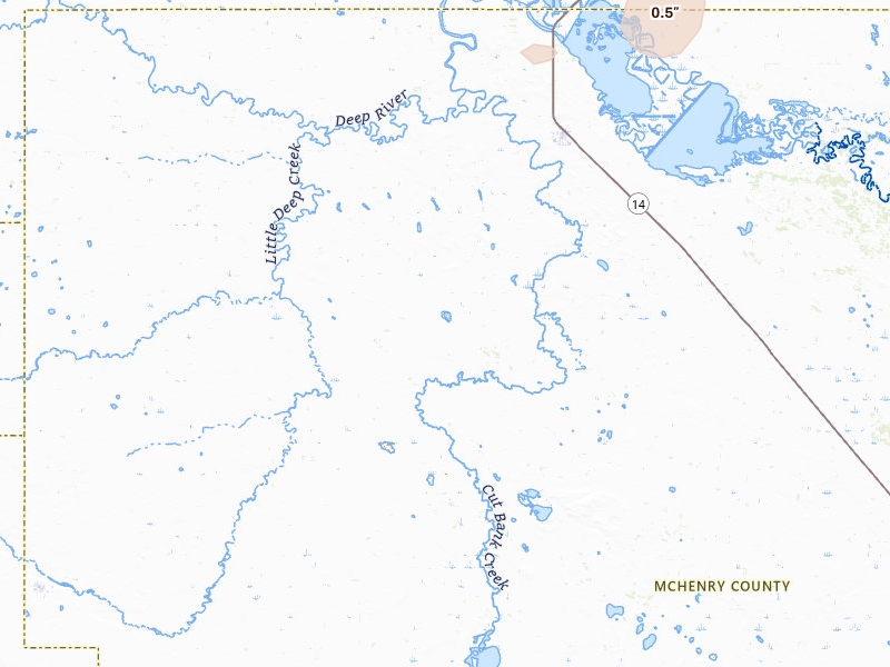 Radar-estimated hail-size map of the storm over Upham, ND on Jul 5, 2026