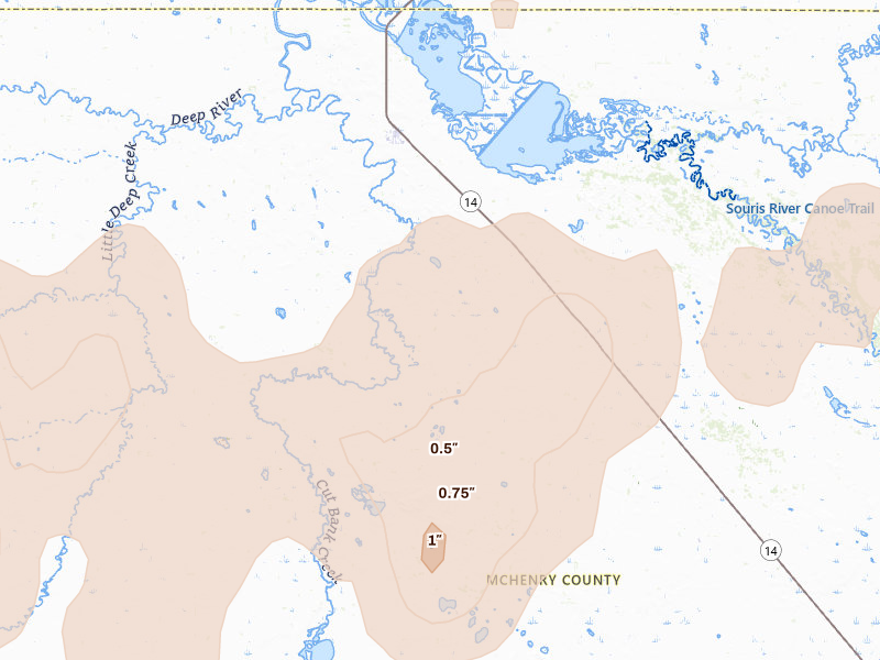 Radar-estimated hail-size map of the storm over Upham, ND