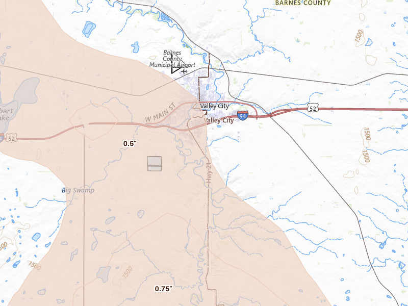 Radar-estimated hail-size map of the storm over Valley City, ND on Jul 9, 2026