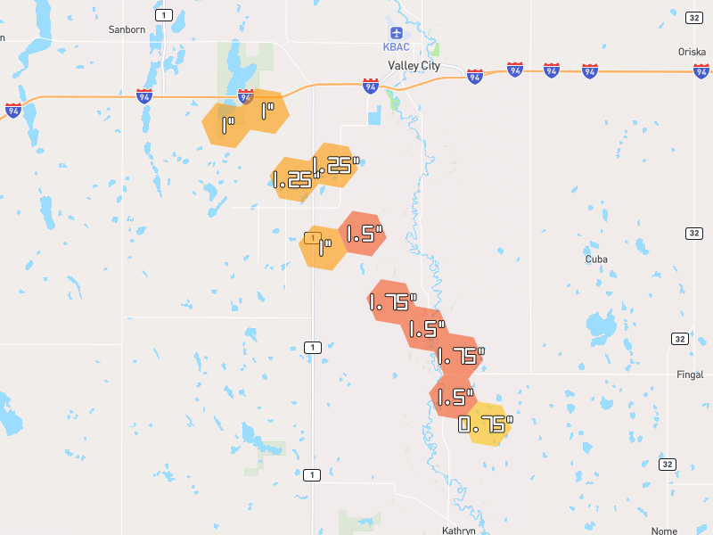 Hail map of Valley City, ND on Jul 10, 2026, hail up to 1.75"