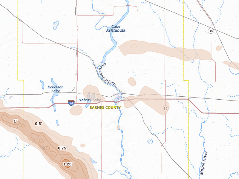 Radar-estimated hail-size map of the storm over Valley City, ND on Aug 11, 2026