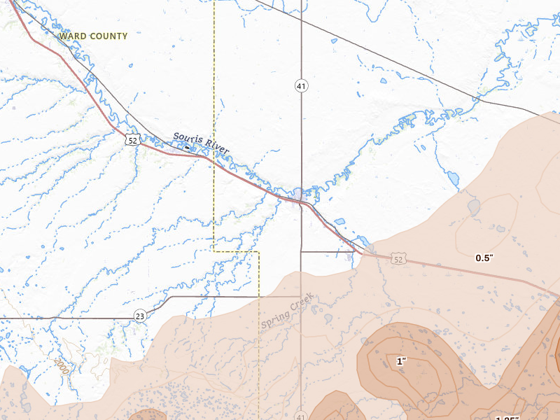 Radar-estimated hail-size map of the storm over Velva, ND on Jun 28, 2026