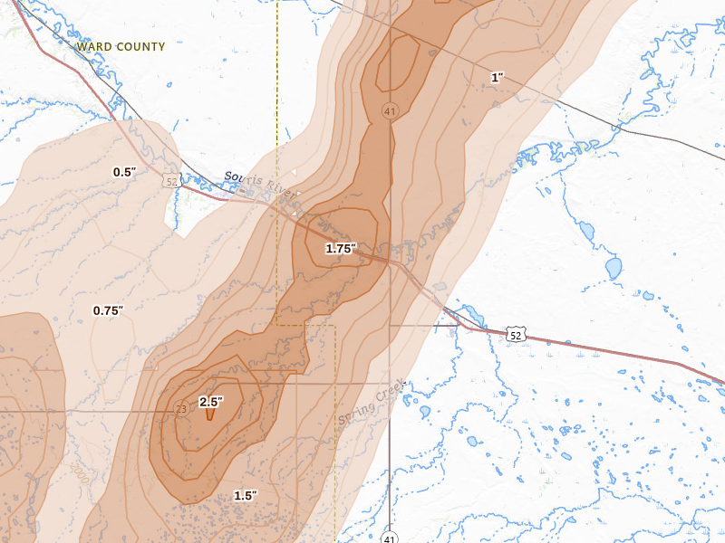 Radar-estimated hail-size map of the storm over Velva, ND on Jun 29, 2026