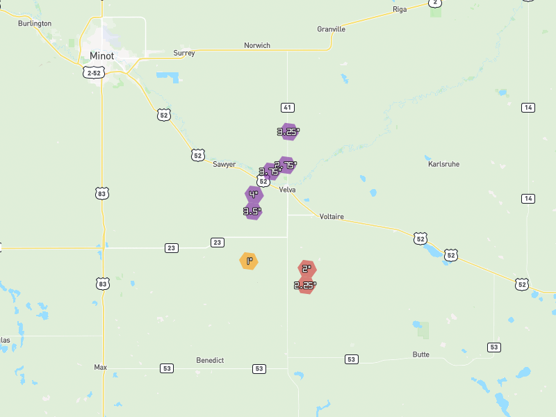 Hail map of Velva, ND on Jun 29, 2026, hail up to 4"