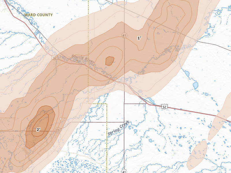 Radar-estimated hail-size map of the storm over Velva, ND on Sep 2, 2026