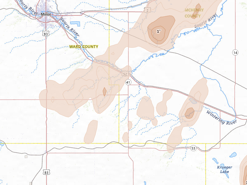 Radar-estimated hail-size map of the storm over Velva, ND on Sep 3, 2026