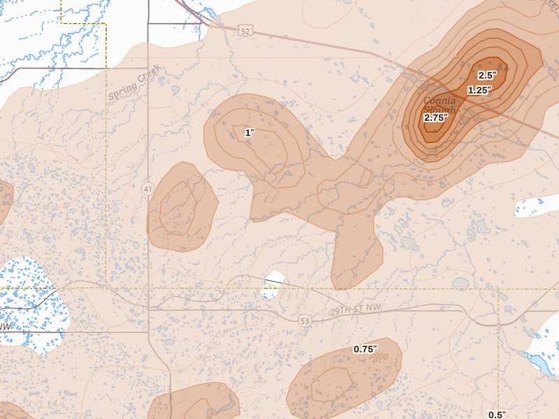 Radar-estimated hail-size map of the storm over Voltaire, ND on Jun 28, 2026