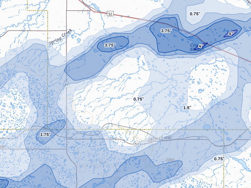 NEXRAD radar-signature map of the hail storm over Voltaire, ND on Jun 28, 2026
