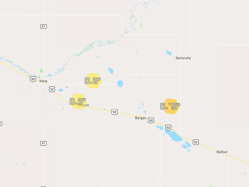 Hail map of Voltaire, ND on Jun 28, 2026, hail up to 0.75"