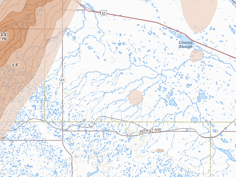 Radar-estimated hail-size map of the storm over Voltaire, ND on Jun 29, 2026