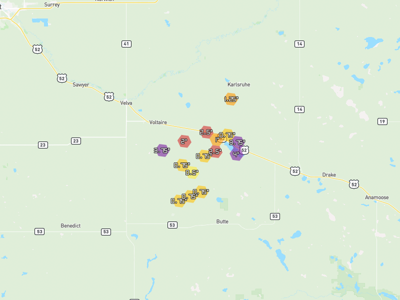 Hail map of Voltaire, ND on Jun 29, 2026, hail up to 4"