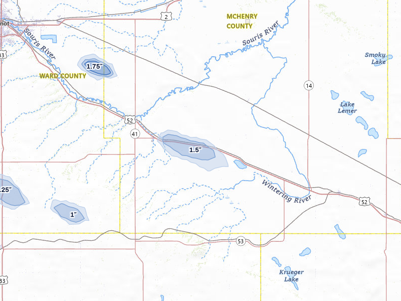 NEXRAD radar-signature map of the hail storm over Voltaire, ND on Aug 10, 2026