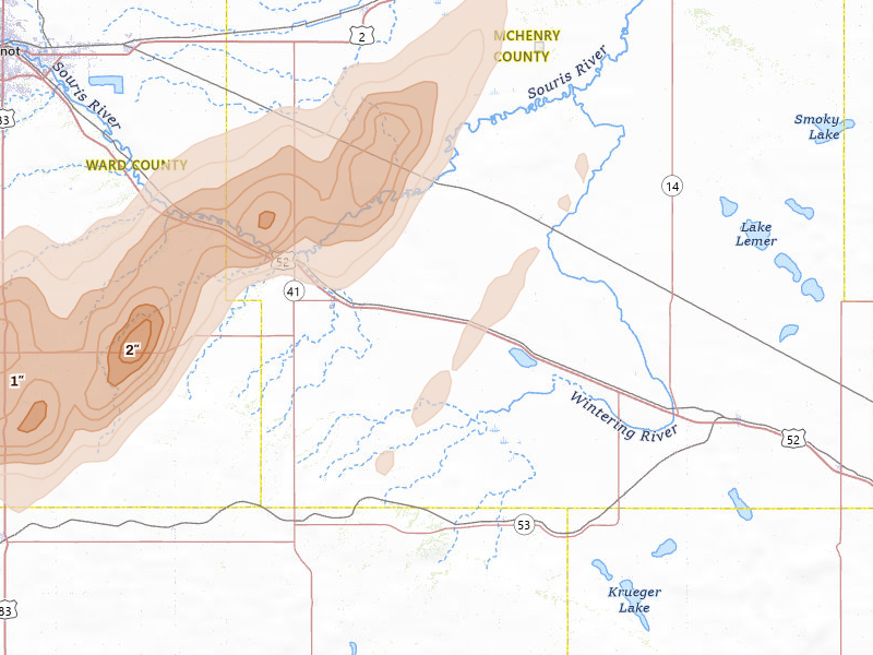 Radar-estimated hail-size map of the storm over Voltaire, ND on Sep 2, 2026