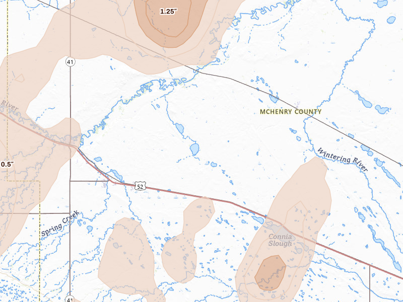 Radar-estimated hail-size map of the storm over Voltaire, ND on Sep 3, 2026