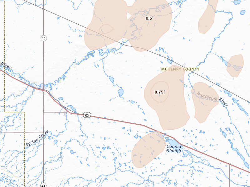 Radar-estimated hail-size map of the storm over Voltaire, ND on Sep 6, 2026