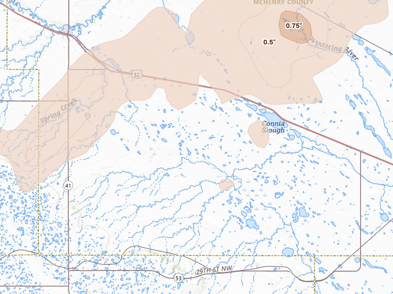 Radar-estimated hail-size map of the storm over Voltaire, ND