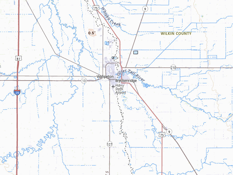 Radar-estimated hail-size map of the storm over Wahpeton, ND on Jun 19, 2026
