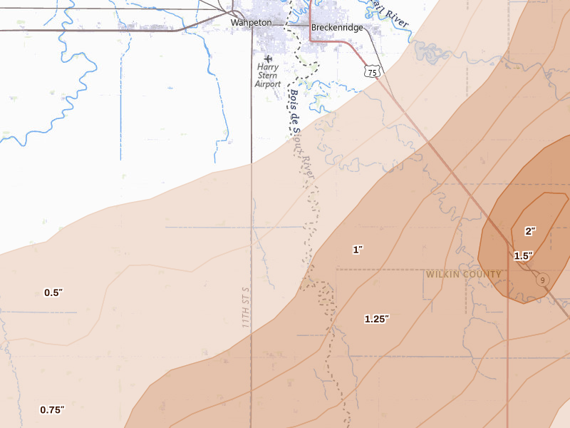 Radar-estimated hail-size map of the storm over Wahpeton, ND on Jun 29, 2026
