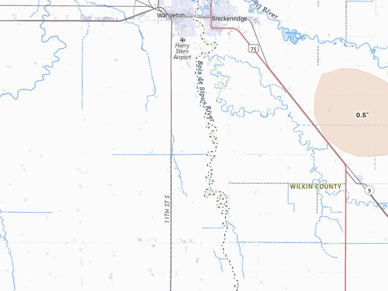 Radar-estimated hail-size map of the storm over Wahpeton, ND on Jul 4, 2026