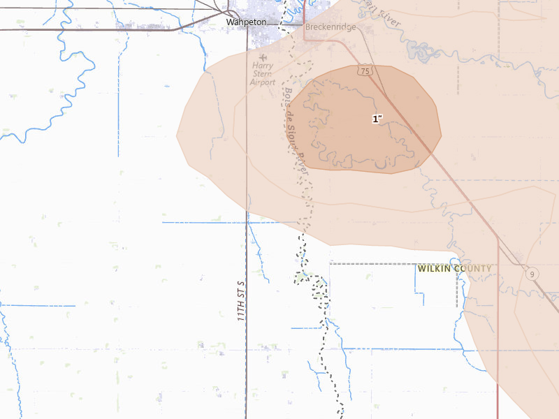 Radar-estimated hail-size map of the storm over Wahpeton, ND on Jul 6, 2026