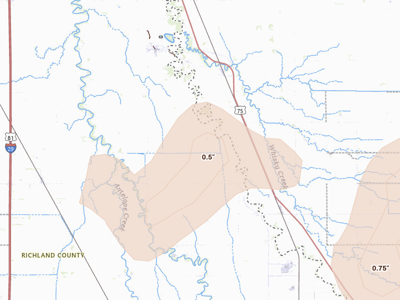 Radar-estimated hail-size map of the storm over Wahpeton, ND on Sep 3, 2026
