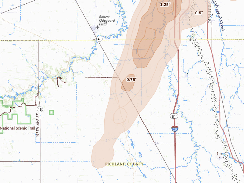 Radar-estimated hail-size map of the storm over Walcott, ND on Jun 29, 2026