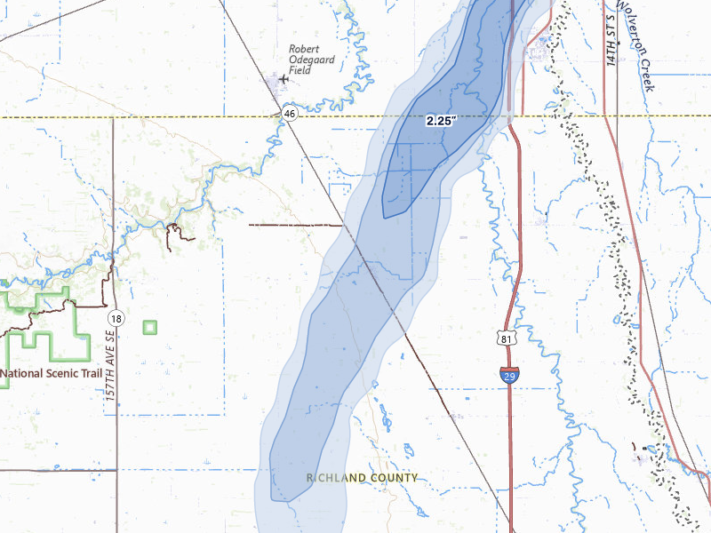 NEXRAD radar-signature map of the hail storm over Walcott, ND on Jun 29, 2026