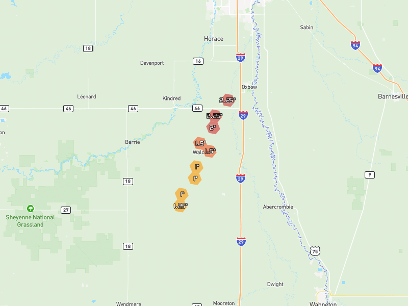 Hail map of Walcott, ND on Jun 30, 2026, hail up to 2.25"