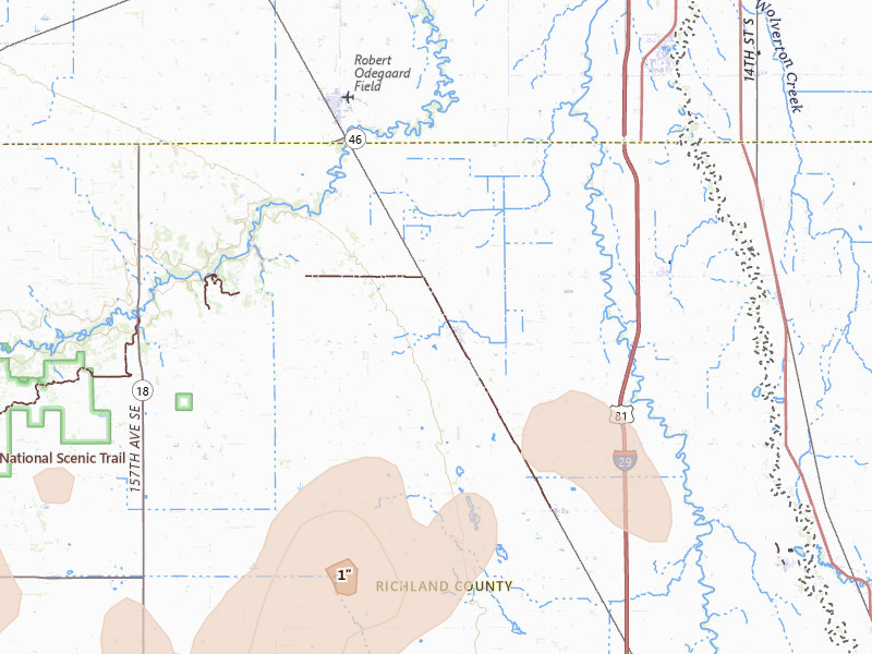 Radar-estimated hail-size map of the storm over Walcott, ND on Jul 30, 2026