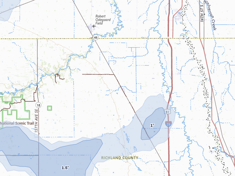 NEXRAD radar-signature map of the hail storm over Walcott, ND on Jul 30, 2026