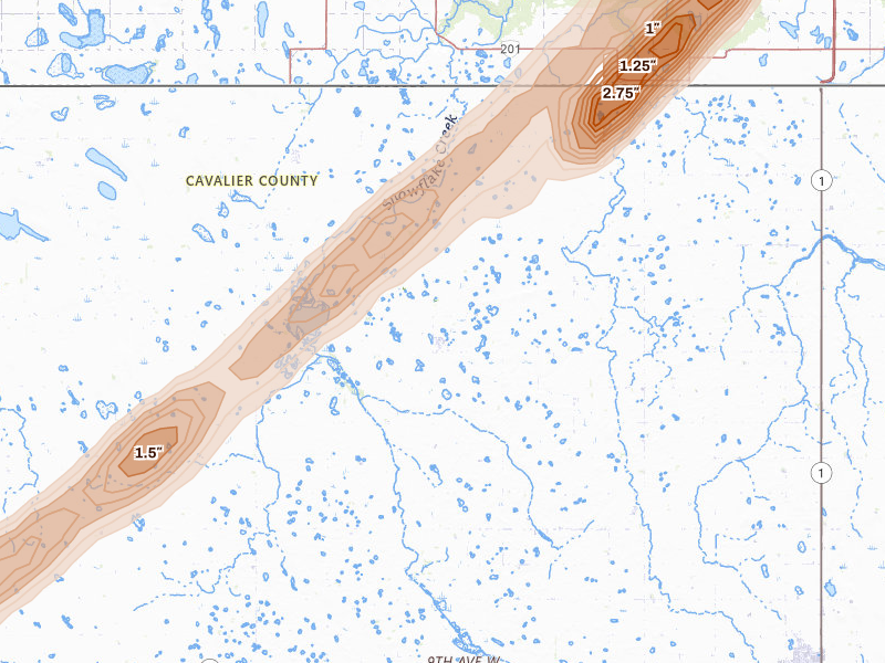Radar-estimated hail-size map of the storm over Wales, ND