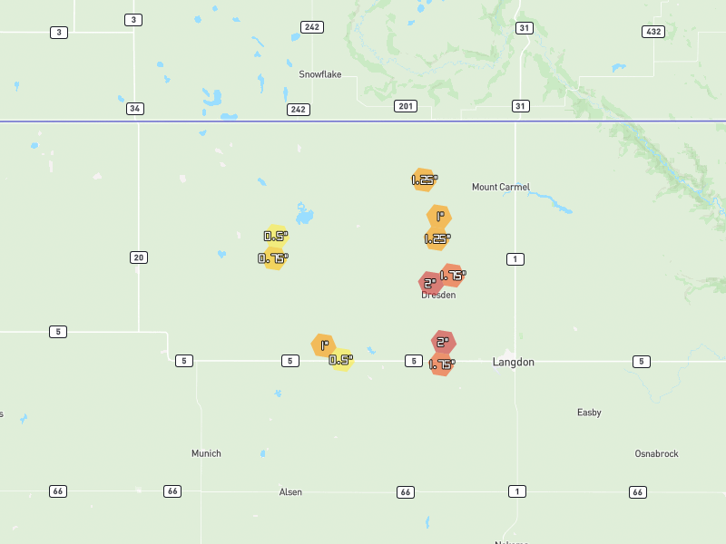 Hail map of Wales, ND on Jun 2, 2026, hail up to 2"