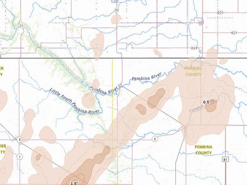 Radar-estimated hail-size map of the storm over Walhalla, ND on Jun 2, 2026