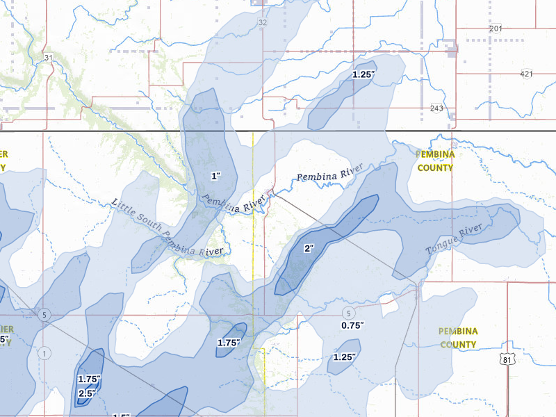 NEXRAD radar-signature map of the hail over Walhalla, ND