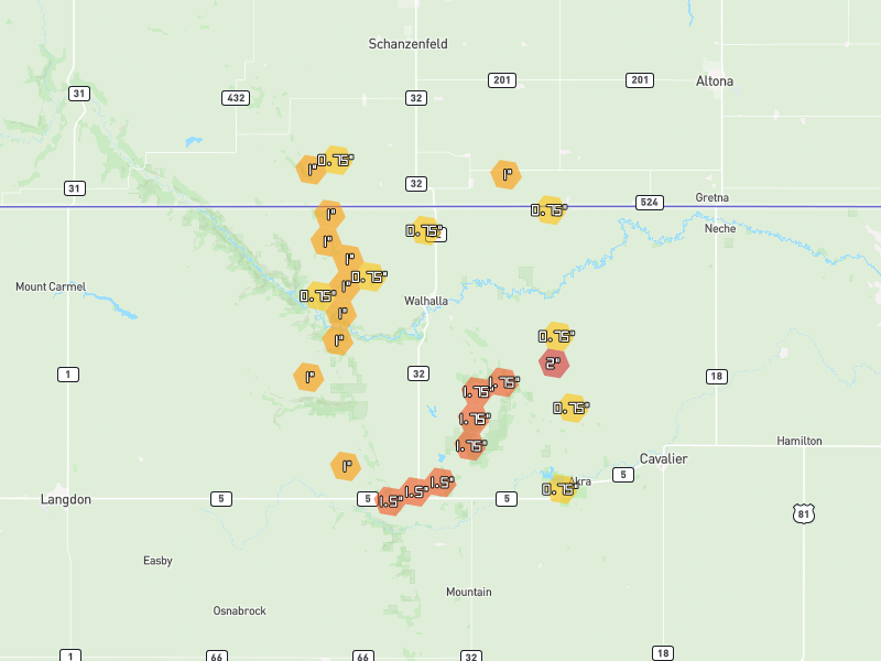 Hail map of Walhalla, ND on Jun 2, 2026, hail up to 2"