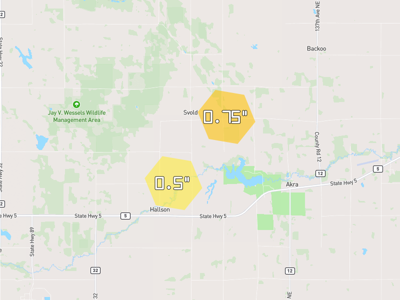 Hail map of Walhalla, ND on Jun 3, 2026, hail up to 0.75"