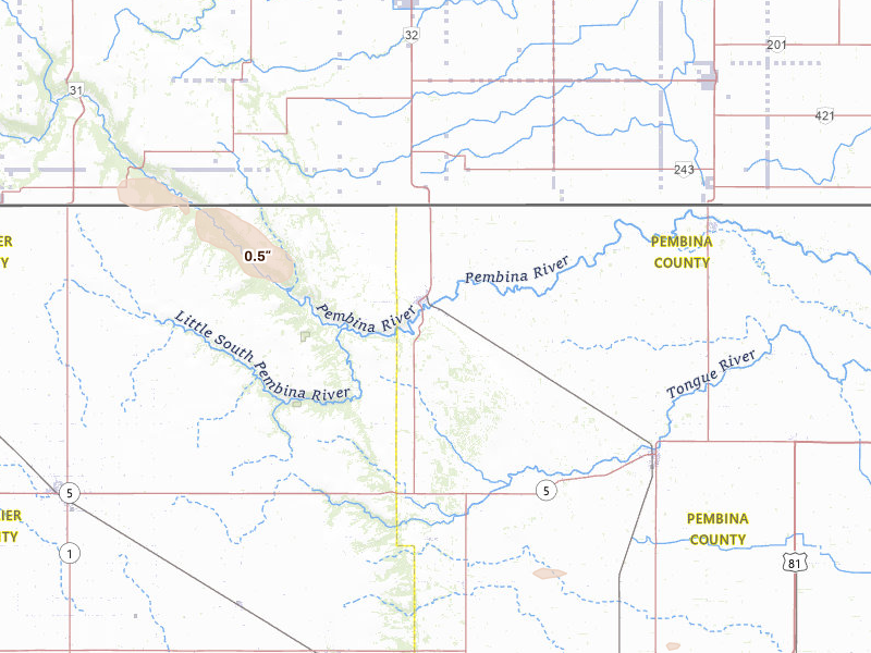 Radar-estimated hail-size map of the storm over Walhalla, ND on Jun 15, 2026