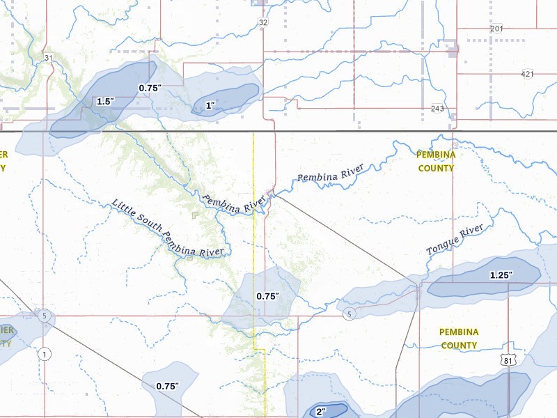 NEXRAD radar-signature map of the hail storm over Walhalla, ND on Jun 28, 2026