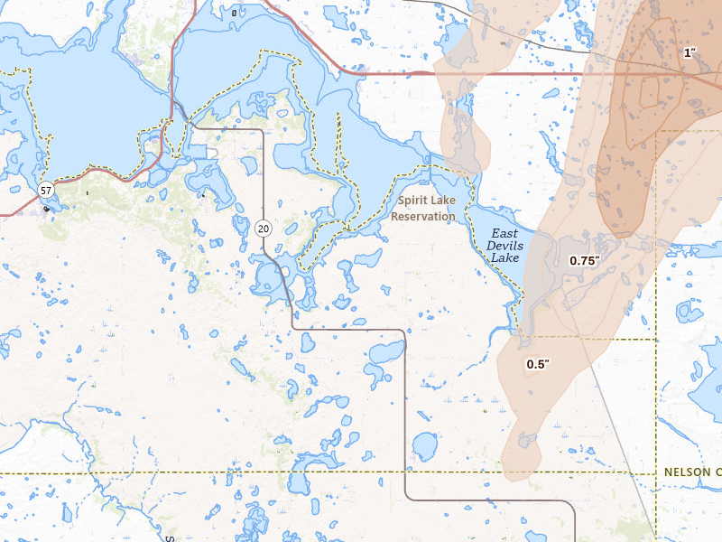 Radar-estimated hail-size map of the storm over Warwick, ND on Jun 2, 2026