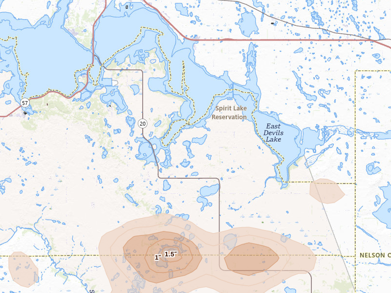 Radar-estimated hail-size map of the storm over Warwick, ND on Jul 4, 2026