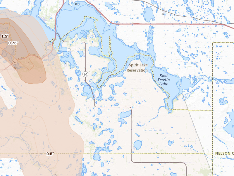 Radar-estimated hail-size map of the storm over Warwick, ND on Jul 9, 2026